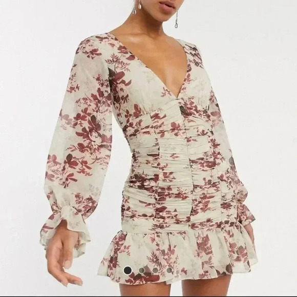 ASOS Dresses & Skirts - ASOS Floral red roses ruched body sheer mesh volume sleeves mini dress size 8